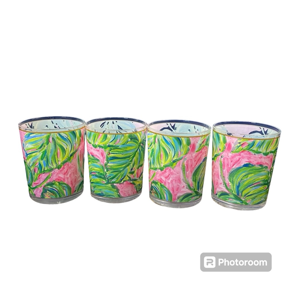 Lilly Pulitzer Acrylic Lo-Ball Plastic Painted Palms Pink & Green Tropical